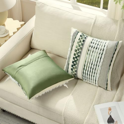 FUTEI Pack of 2 Boho Chenille Decorative Throw Pillow Covers 20x20 Inch Soft Plush Tufted Striped Textured Cushion Case,Farmhouse Accent for Couch Bed Living Room, Green - color: Green, size: 20" x 20" (Pack of 2)