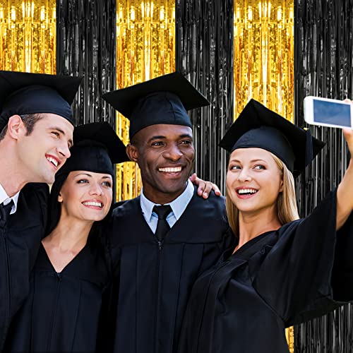 PIGETALE, 2 Pack 3.2x8.2 Feet Black and Gold Tinsel Backdrop Party Decorations, Foil Fringe Curtains Backdrop for Birthday Graduation Wedding Engagement Bridal - color: Black and Gold