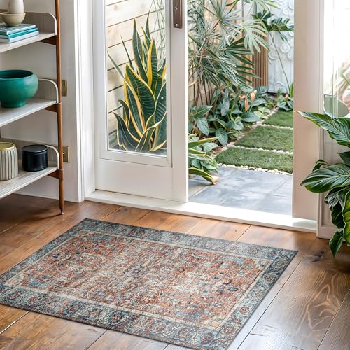 Bloom Rugs Washable Non-Slip 2' x 3' Rug - Orange/Blue Traditional Oriental Area Rug for Living Room, Bedroom, Dining Room, and Kitchen - Exact Size: 2' x 3' - color: Orange / Blue, size: 2' x 3' (Rectangular)