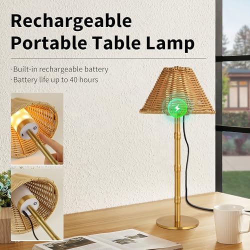 Mr.White Rechargeable Cordless Table Lamp with Wicker Shade, 5200mAh Battery Operated Portable Table Light with Touch Control, for Patio Restaurant Kitchen Dinner (Gold) - color: Gold+Wicker Lampshade