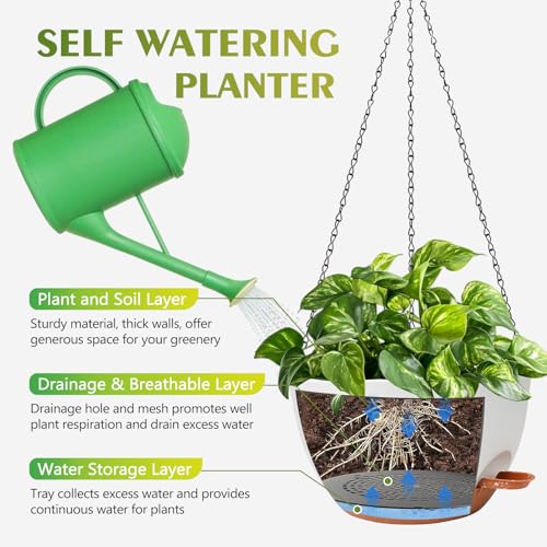 GARDIFE Hanging Planters for Indoor Outdoor Plants, 2 Pack Self Watering Hanging Pot with Drainage Holes & Removable Tray (White, 10 inch) - color: White, size: 10 inch