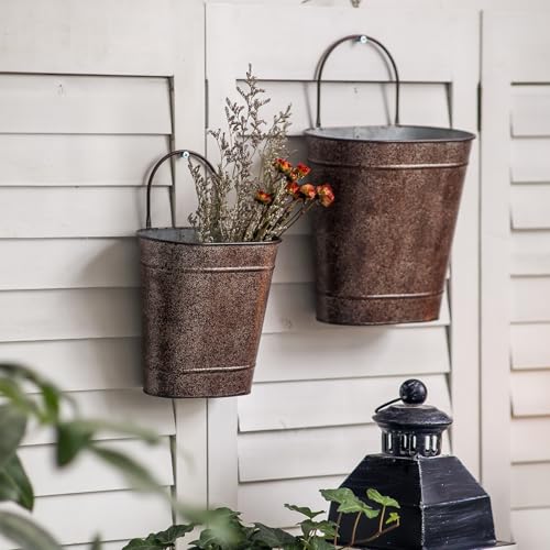 SOFE Set of 2 Vintage Oval Galvanized Wall Planter Basket - Decorative Hanging Wall Flower Pot - Farmhouse Garden Metal Wall Vase for Country Home Living Room