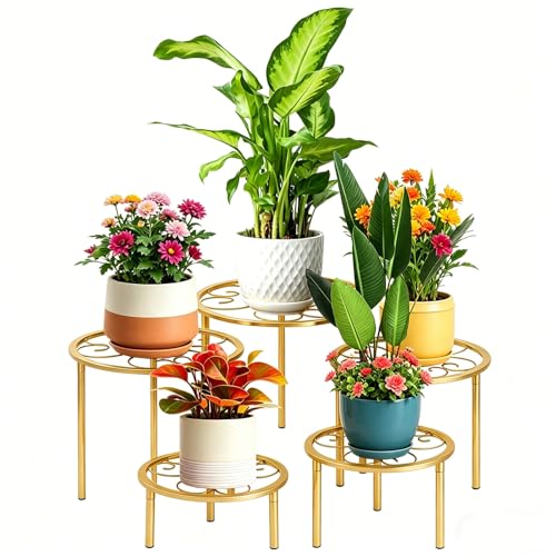 5 Pack Metal Plant Stands,Heavy Duty Potted Holder for Flower Pot, Rustproof Iron Plant Risers, Suitable for Indoor and Outdoor Decoration ,Garden Container Round Supports Rack for Planter - color: Gold - 5 Pack