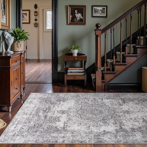 jinchan Area Rug 5x7 Washable Living Room Rug Vintage Traditional Distressed Lightweight Thin Retro Indoor Floor Cover Non Slip Floral Carpet for Bedroom Dining Room Bathroom Kitchen Office Grey - color: Vintage Grey, size: 5' x 7' (Rectangular)
