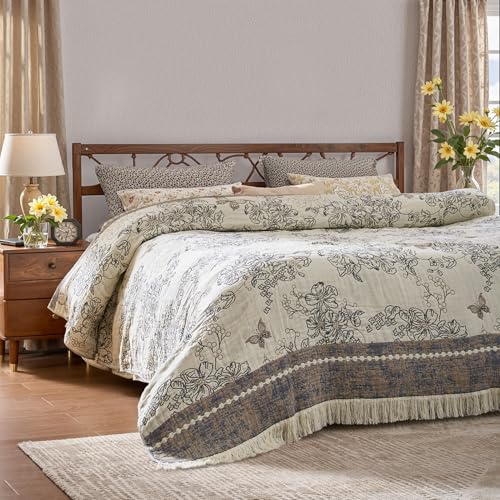 jinchan Boho Floral 100% Cotton Blanket 4-Layer Throw Blanket with Tassel Grey and White Flower Butterfly Soft Luxury Rustic Farmhouse Decor Blanket for Couch Bed 60x80 inch All Season Gift for Women - color: Butterfly Grey and White, size: 60"x80"