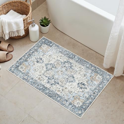 GENIMO 29"x17" Area Rugs for Living Room, Machine Washable Non Slip Vintage Rugs, Low Pile Soft Chenille Print Rug for Bedroom, Dining Room, Home Office, Blue - color: Blue&gold, size: 1'5'' x 2'5'' (Rectangular)