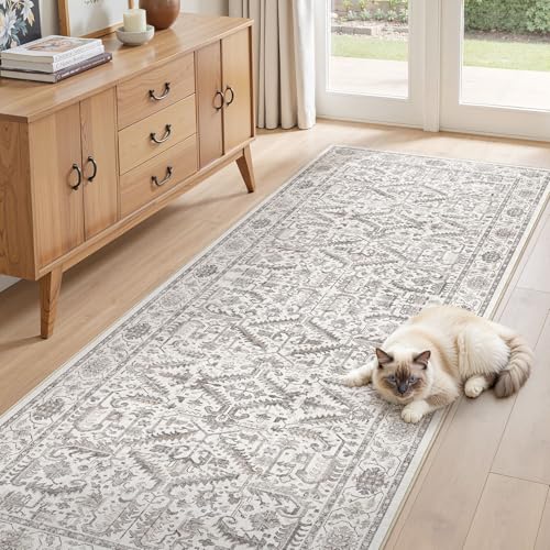 3x10 Washable Hallway Runner Rug :Vintage Large Soft Entryway for Kitchen Laundry Room Runner with Non Slip Backing Farmhouse for Bedroom Bathroom Living Room Stain Resistant Carpet-White Gray - color: White, size: 3' x 10' (Rectangular)