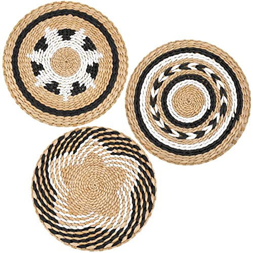 Glenmal 3 Pcs Boho Wall Basket Decor Decorative Bulrush Woven Basket Wall Decor Art Farmhouse Handmade Hanging Baskets with African Design for Living Room Display Table Settings Kitchen Home(Vivid) - style: Vivid
