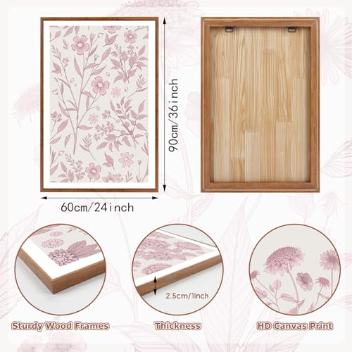 KAIRNE Floral Wall Art Set of 3,Framed Vintage Botanical Flower Canvas Prints,Pink and White Minimalist Wildflower Artwork,Modern Farmhouse Boho Decor for Living Room Bedroom Office Kitchen,16X24 inch - color: Pink Wildflower(medium), size: 16"Lx24"W