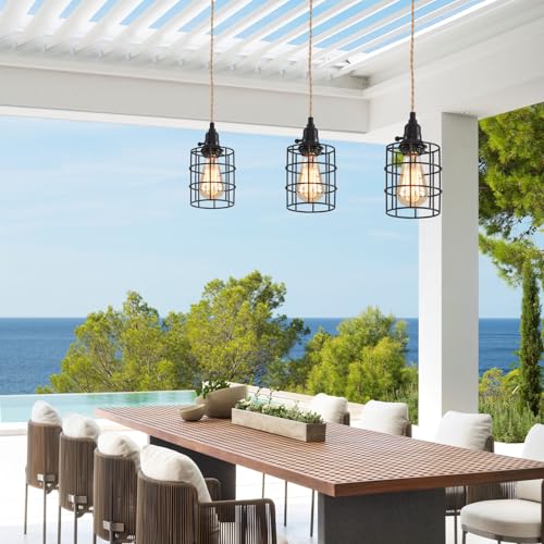 3-Light Hanging Light with Plug in Cord,Plug in Pendant Light 22ft Hemp Rope Pendant Lighting Vintage 3-Light Hanging Lamp Fixtures for Kitchen Island Living Room Bedroom - color: 3 Light 12CM Cage