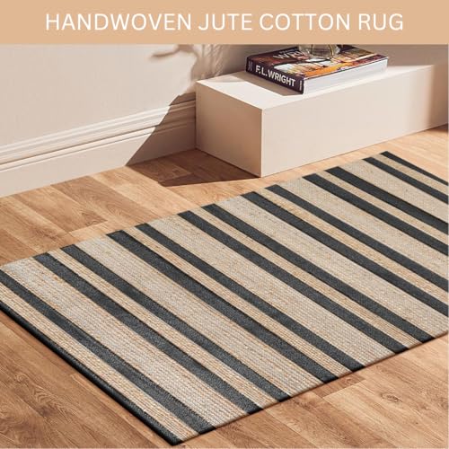 Area Rug Farmhouse 3x5 Feet - Hand Woven Jute Cotton Rug Bohemian Rustic Vintage - Non Slip Floor Rug for Bedroom Living Room Kitchen Dorm Entryway Hallway - Area Rug Natural Black - color: Natural Black, size: 3'x5'