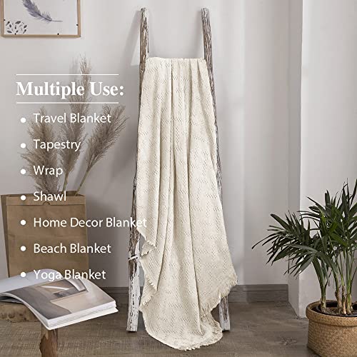 Simple&Opulence 100% Cotton Throw Blanket for Bed, Couch, Boho Luxury Geometric Knit Woven Blanket with Tassels Soft Lightweight Cozy Breathable, Vintage Farmhouse Decoration for All-Season(White) - color: White
