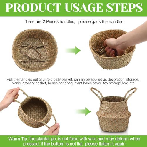 Qunclay 4 Pcs Woven Seagrass Baskets Belly Basket Folding Boho Natural Plant Pot with Handles Round Decorative Wicker Large Indoor Planter for Home Outdoor Tree Planters Decor (XXS,6.3''dx5.5''h) - size: XXS,6.3''Dx5.5''H