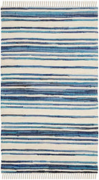 SAFAVIEH Rag Rug Collection Accent Rug - 2' x 3', Ivory & Blue, Handmade Boho Stripe Cotton, Ideal for High Traffic Areas in Entryway, Living Room, Bedroom (RAR126B)
