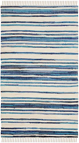 SAFAVIEH Rag Rug Collection Accent Rug - 2' x 3', Ivory & Blue, Handmade Boho Stripe Cotton, Ideal for High Traffic Areas in Entryway, Living Room, Bedroom (RAR126B)