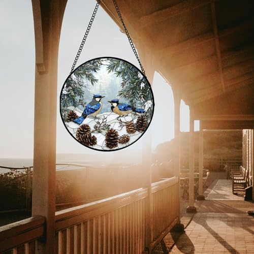 Stained Glass Window Hanging - Blue Bird Winter Forest Landscape Suncatcher for Door Garden Yard Sun Catchers Decor Christmas Mother's Day Birthday Gifts for Women Mom Nana Friend 7.8 in - color: Blue White and Brown, size: 7.8x7.8 IN