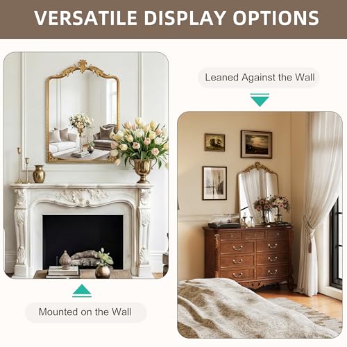 Arched Gold Carved Wall Mirror - 40''x28'' Vintage Gold Large Baroque Wall-Mounted Mirror - Iron Frame with Beaded Trim - Antique French Ornate Mirror for Entryway/Hallway/Fireplace/Bathroom - color: Carving - Vintage Gold (40"l X 28"w)
