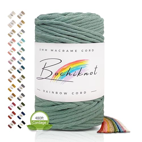 BOCHIKNOT Single Strand Macrame Cord 5mm x 160yds (150m) – Soft Cotton Macrame Rope for Beginners, Easy to Knot for Wall Hangings, Plant Hangers, Fringe and DIY Crafts (Sage) - color: Sage, size: (5mm x 146m) - Single Strand Twist