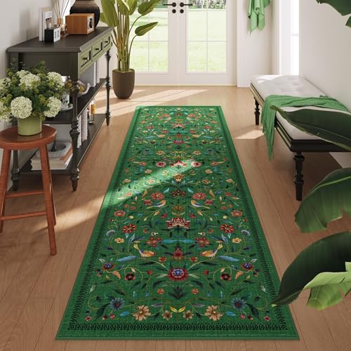 Vintage Medallion Floral Kitchen Runner 2x6, Machine Washable Rug, Soft Low Pile, Non-Slip Carpet for Hallways, Laundry, Bedroom, Bathroom, Entryway | Green - color: Green, size: 2' x 6' (Rectangular)