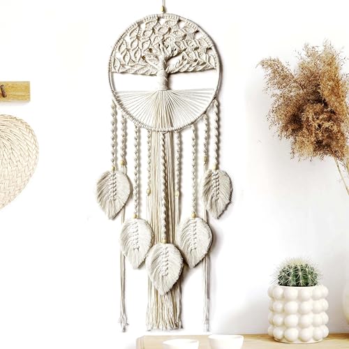 Large Tree of Life Dream Catchers, Macrame Wall Hanging Boho Handmade Woven Dream Catcher Macrame Wall Decor Art for Adults Boys Girls Bedroom Wedding Party Decor, Festival Blessing Gift（Light Beige）