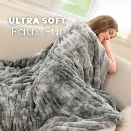 Faux Rabbit Fur Throw Blanket, Ultra Soft Plush Cozy Blanket for Couch Bed, Thick Fluffy Ruched Tie-Dye Decorative Blanket, Giftable, 50"x60",Tie-Dye Gray - color: Tie-dye Gray, size: Throw(50"x60")