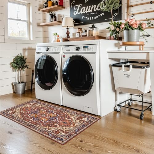 Moynesa Ultra-Thin Washable Kitchen Rugs, 2x4 Small Entryway Rug Door Mat Non Slip Stain Resistant, Oriental Throw Rug for Front Indoor Entrance Bathroom Laundry Room, Brown/Multi - color: Brown/Multi, size: 2' x 4'