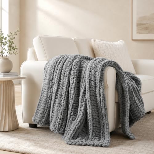Battilo Cozy Light Grey Throw Blanket 50" x 60" | Hand Knitted Chunky Knit Throw Blanket, Soft Jumbo Chenille for Couch Sofa Bed - color: Light Grey