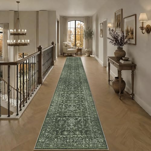 2x14 Green Runner Rug Hallway Washable Area Rugs Kitchen Vintage Boho Non Slip Long Rug Floral Carpet Indoor Retro Soft Low Pile Throw Rug for Bedroom Bathroom Laundry Dining Living Room Office - color: Dark Green, size: 2' x 14' (Runner)