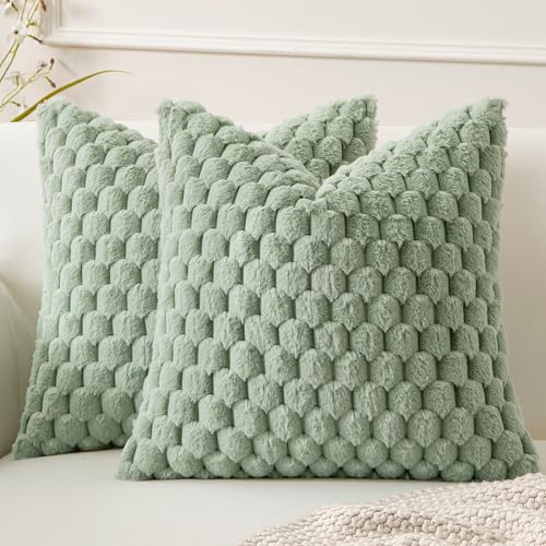 MIULEE Spring Sage Green Faux Fur Decorative Throw Pillow Covers 16x16 Inch Set of 2 Super Soft Cozy Plush Cushion Cases Luxury Fluffy Pillowcases for Sofa Couch Bed Living Room - color: Sage Green, size: 16" x 16" (Pack of 2)