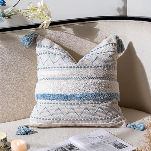 BlissBlush 20X20 Throw Pillow Cover, Coastal Blue Square Decorative Cushion Cover, Boho Accent Pillowcase with Tassels for Couch Sofa Living Room (Cover Only) - color: Blue, size: 20" x 20" (Pack of 1)