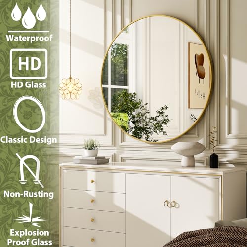 30 Inch Round Bathroom Mirror - Gold Wall Mounted Circle Mirror with Metal Frame, Modern Round Hanging Mirror Suitable for Bathroom, Vanity, Entryway, Living Room - color: Gold, size: 30"L x 30"W