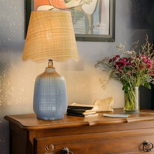 Pia Ricco 19" Modern Ceramic Table Lamp for Living Room Gray Blue Base Desk Lamps for Bedroom Farmhouse Bedside Nightstand Lamp End Table Lamps,Bule,Rattan Shade - color: Navy Blue Base