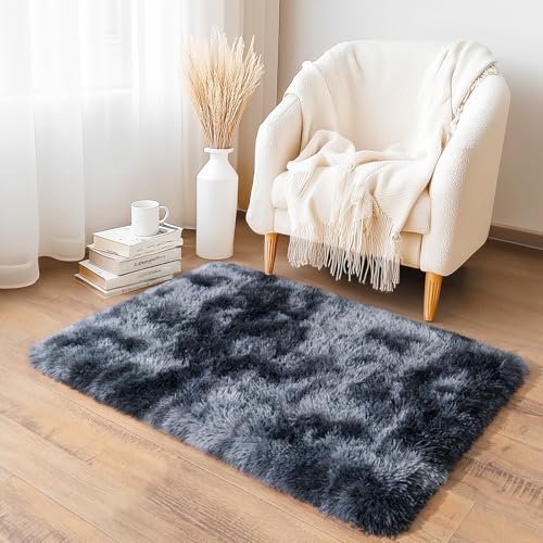 2x3 Small Rugs for Bedroom, Soft Fluffy Shaggy Bedside Area Rugs for Living Room, Indoor Floor Carpet for Kids Girls and Boys, Nursery Rooms, Home Decor Aesthetic, Tie-Dyed Blue Grey - color: Tie-dye Blue-gray, size: 2' x 3' (Rectangular)