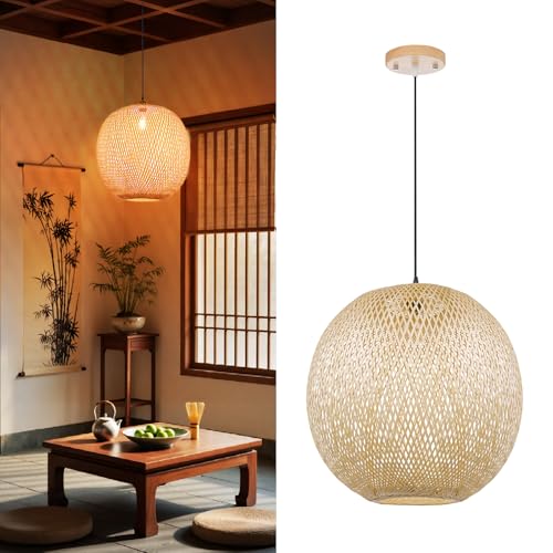 Arturesthome 1 Light Round Bamboo Pendant Lights, Wicker Chandelier Hand-Woven Boho Basket Lampshade Hanging Ceiling Light for Kitchen Island Living Room - size: 17.68″W x 14.9″H