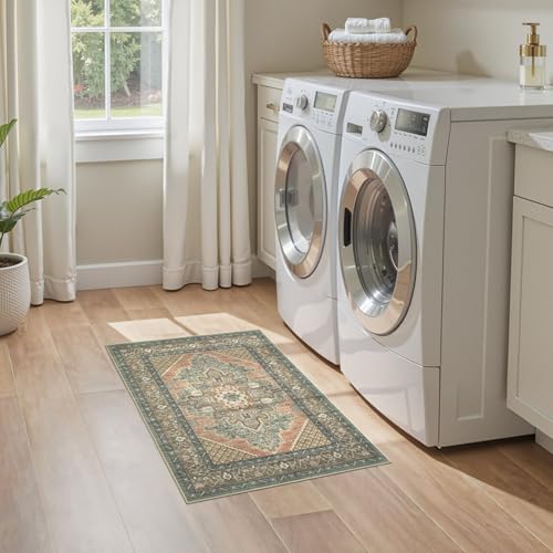 Tortania Area Rug 2x3 Doormat - Washable Vintage Oriental Farmhouse Soft Thin Indoor Carpet for Living Room Bedroom Hallway Entryway Kitchen - Sage Terracotta - color: Sage Terracotta, size: 2' x 3' (Rectangular)