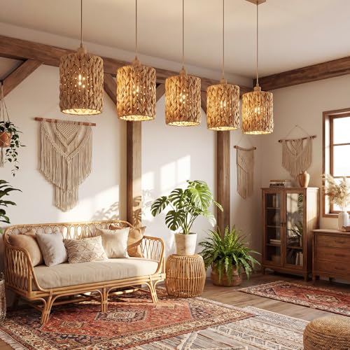 Gerrii 6 Pack Small Rattan Lamp Shades 5.91" (H) x 5"(D) Boho Woven Light Covers, Water Hyacinth Replacement Shades for Pendant Wall Ceiling Fixture, Clip on Bulb Decor