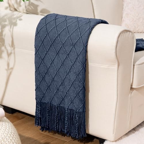BATTILO HOME Navy Blue Throw Blanket with Fringe, Geometric Bed Blue Throws, Spring Decorative Large Throw for Couch Sofa Indoor Outdoor, 52"x80" - color: Navy, size: 52 x 80 in.