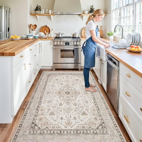 4x7 Rug Entryway Washable: Oriental Area Rugs for Kitchen - Ultra Thin Low Pile Stain Resistant Carpet - Home Decor for Vintage Style Lover (4x7 Ivory/Multi) - color: Ivory, size: 4' x 7' (Rectangular)