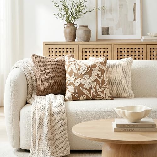 BlissBlush 20x20 Throw Pillow Cover, Square Brown Decorative Cushion Cover for Couch Sofa, Embroidered Velvet Farmhouse Accent Pillowcase (Cover Only) - color: Warm Brown, size: 20" x 20" (Pack of 1)