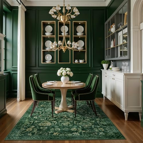 Dark Green Vintage Area Rug 3x5 for Living Room Bedroom, Washable Distressed Farmhouse Soft Thin Non-Shedding Indoor Throw Rug, Traditional Accent Carpet for Bedroom Office - color: Dark Green, size: 3'x5'
