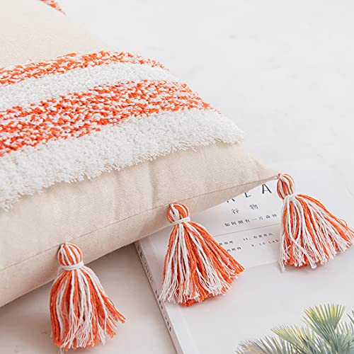 Boho Throw Pillow Cover Tufted Woven Decorative Pillowcase with Tassel Accent Square Farmhouse Stripe Cushion Cover for Sofa Bed Living Room (Orange,18x18 Inch) - color: Orange, size: 18" x 18" (Pack of 1)