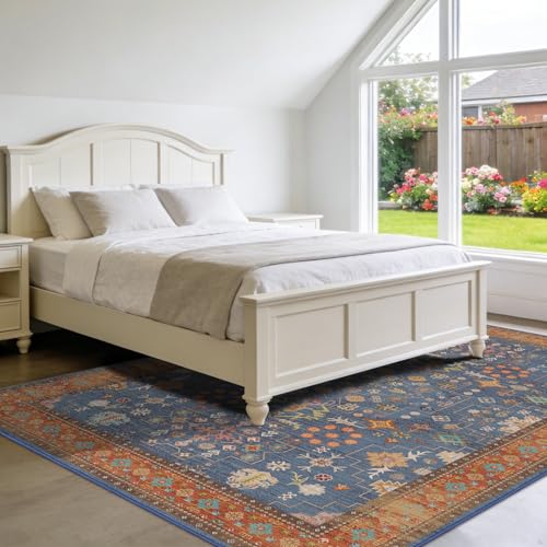 8x10 Washable Area Rugs for Living Room, Non-Slip Stain Resistant Soft Vintage Extra Large Area Rug, Low Pile Indoor Boho Rug for Bedroom Dining Room Farmhouse (Indigo Terracotta) - color: Indigo Terracotta, size: 8' x 10' (Rectangular)