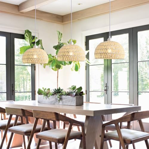 Rattan Pendant Light, 11" Boho Dome Dining Room Chandelier, Cream White Woven Kitchen Pendant Lighting over Island, Coastal Wicker Light Pendant Hanging Light Fixture for Nursery Entryway Bedroom, E26 - color: 11" Cream