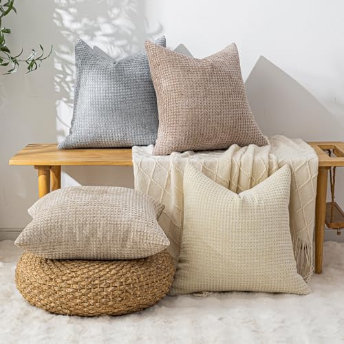 Pack of 4 Throw Pillow Covers 16x16 inch Beige Light Gray Boho Cushion Covers Decorative Farmhouse Pillow Covers for Couch Bed Sofa Living Room Home Decor Soft Square Pillowcase - color: Beige/Light Gray, size: 16" x 16" (Pack of 4)