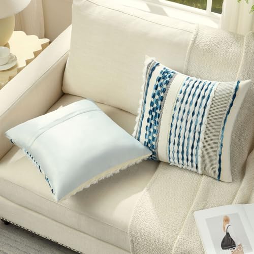 FUTEI Pack of 2 Boho Chenille Decorative Throw Pillow Covers 20x20 Inch Soft Plush Tufted Striped Textured Cushion Case,Farmhouse Accent for Couch Bed Living Room, Blue - color: Blue, size: 20" x 20" (Pack of 2)