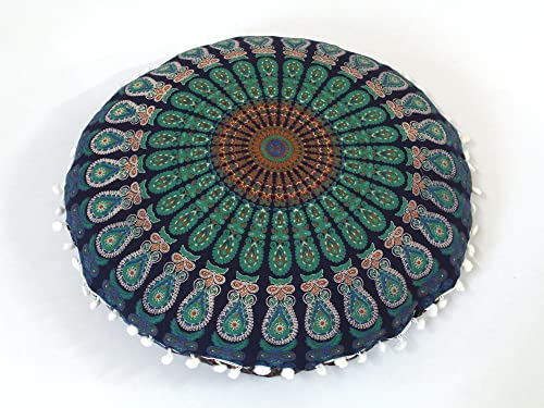CRAFT KALA Mandala Floor Pillow Cushion Cover Seating Throw Cover Hippie Decorative Bohemian Ottoman Poufs Pom Pom Pillow Cases Boho Indian Cotton Living Room Yoga Home Décor (24" Round, Blue Mirchi) - color: Blue Mirchi, size: 24" x 24" (Pack of 1)