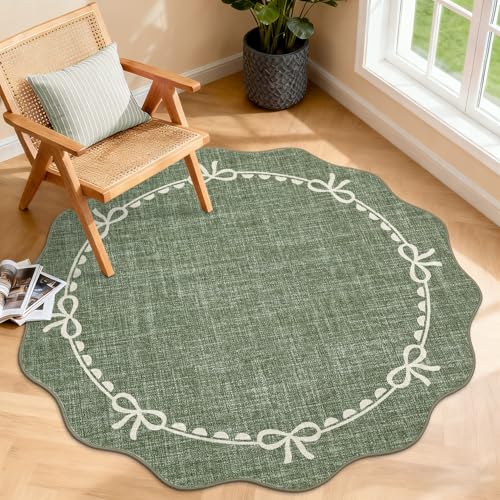 GarveeHome Scalloped Bow Rug for Living Room, 4ft Round Rugs Washable Solid Green Rug for Dorm Soft Low Pile Non Slip Scalloped Rugs for Nursery Bedroom Decor Kids Room Playroom - color: Green, size: 4' (Round)