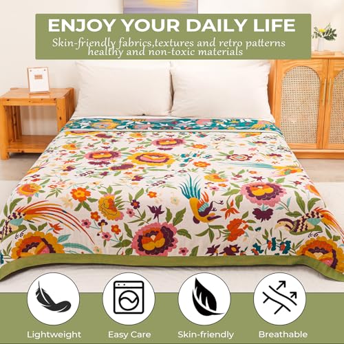 Boho Throw Blanket for Bed Couch 100% Cotton Ultra Soft Large Rustic Quilt King Blanket,Bird Floral Printed Farmhouse Bed Blankets 90"×98", Decorative Reversible Muslin Bed Cover for All Seasons - color: Boho Flower-c, size: 90"x98"