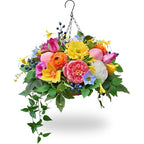 Soomeir Artificial Hanging Flowers Basket for Outdoor, Faux Hanging Plants, Garden-Style Mixed Blooms with Roses, Dahlia & Gerbera, Decorative Fruit & Lush Greenery for Porch, Patio, Balcony