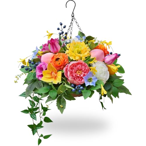 Soomeir Artificial Hanging Flowers Basket for Outdoor, Faux Hanging Plants, Garden-Style Mixed Blooms with Roses, Dahlia & Gerbera, Decorative Fruit & Lush Greenery for Porch, Patio, Balcony